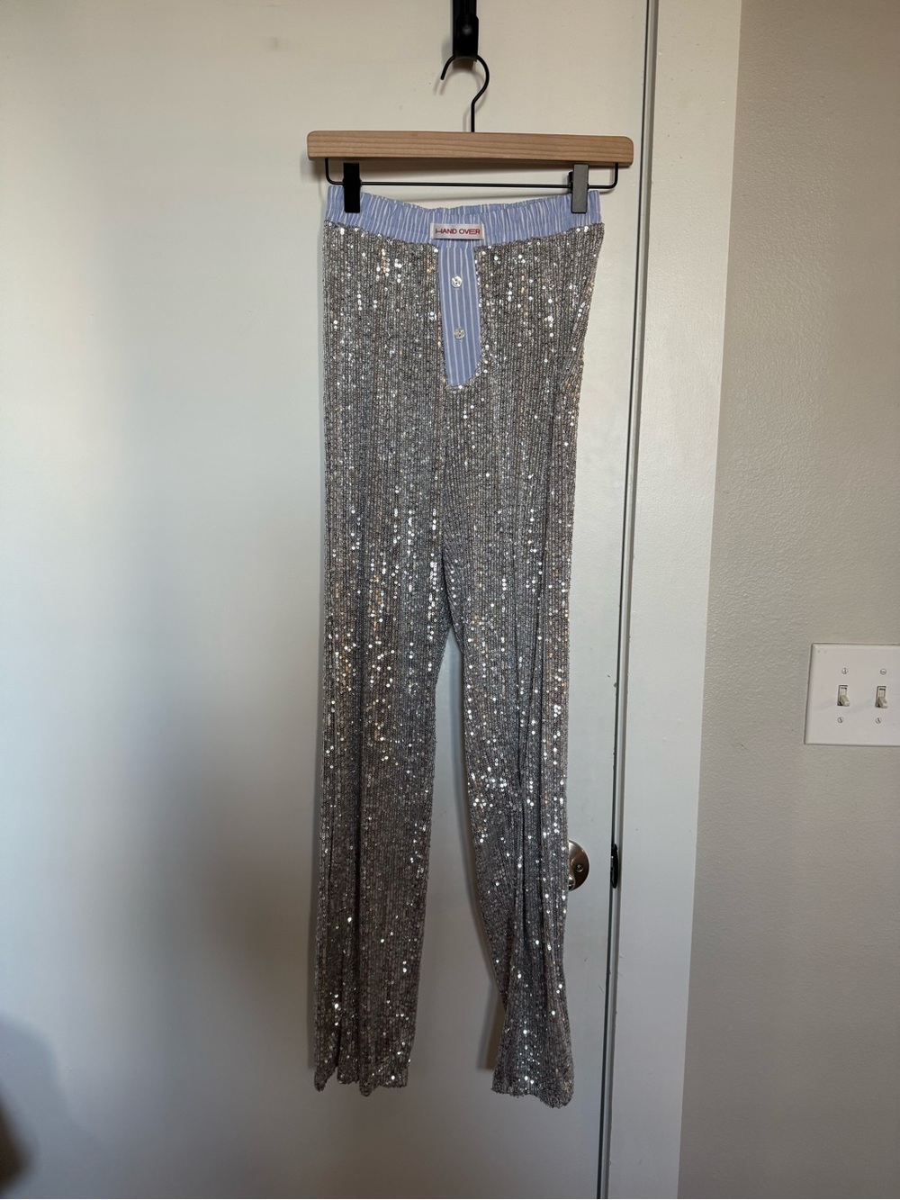 Sequin Straight-Leg Pants with Contrast Waistband - Silver